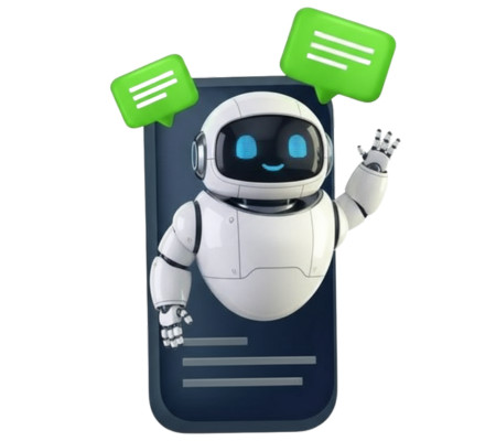 Illustration of a WhatsApp automation bot represented as a friendly robot with chat bubbles, symbolizing automated messaging and customer interaction on WhatsApp.